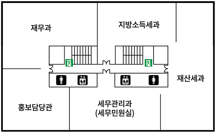 7층 단면도(재무과, 지방소득세과, 재산세과, 세무관리과(세무민원실),홍보담당관, 남녀화장실, 엘리베이터 2대,비상구 2개)