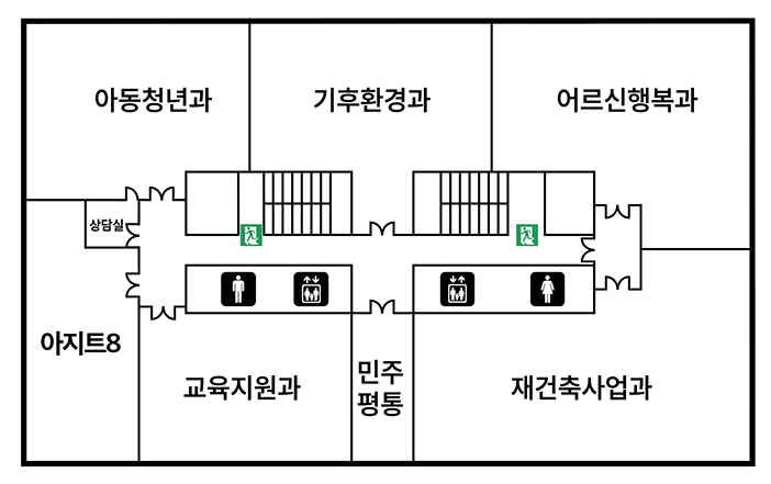 8층 단면도(아동청년과, 기후환경과, 어르신행복과, 재건축사업과, 민주평통, 교육지원과, 아지트8, 상담실, 남녀화장실, 엘리베이터 2대,비상구 2개)