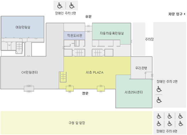 민원실 구청앞 광장쪽 정문과 반대편 후문이 있으며, 건물내부에 정문을 기준으로 서초PLAZA, OK민원센터, 여권민원실, 작은도서관, 자동차등록민원실, 우리은행, 서초25시센터가 있고, 후문 앞 장애인주차 2면을 포함해 장애인주차 총 10면이 있습니다.