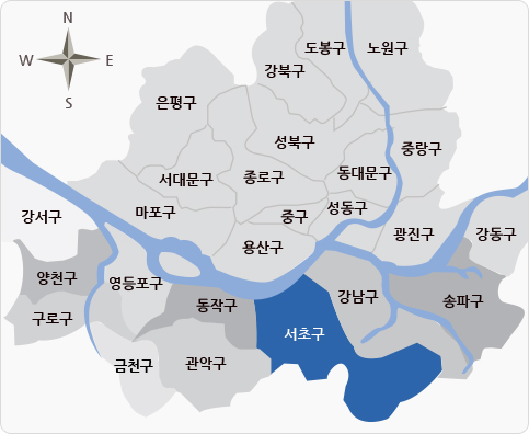 서울지역에서 서초구의 위치-한강아래 동작구,관악구,강남구에 둘러싸여 있습니다.