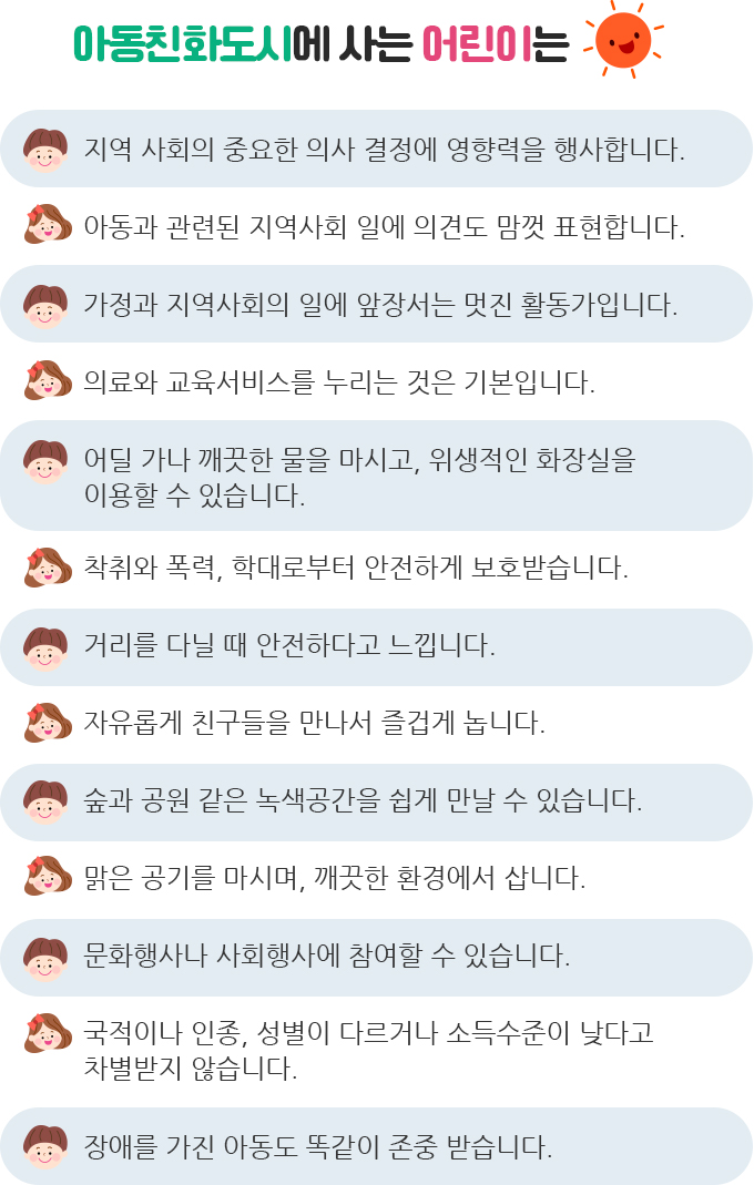 아동친화도시에 사는 어린이에 관한 내용입니다. 하단 글 참조