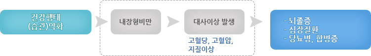 건강행태 (습관)악화  → 내장형비만 → 대사이상 발생(고혈당, 고혈압, 지질이상)  → - 뇌졸증,- 심장질환,- 당뇨병, 합병증