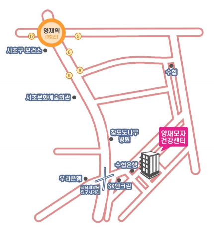 찾아오시는길 : 지하철 3호선 신분당선 양재역 8번출구에서 820m