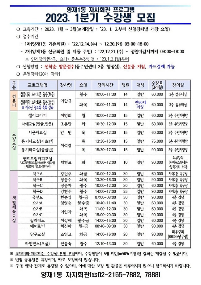 [공지] 2023. 1분기 양재1동 자치회관 프로그램 접수안내