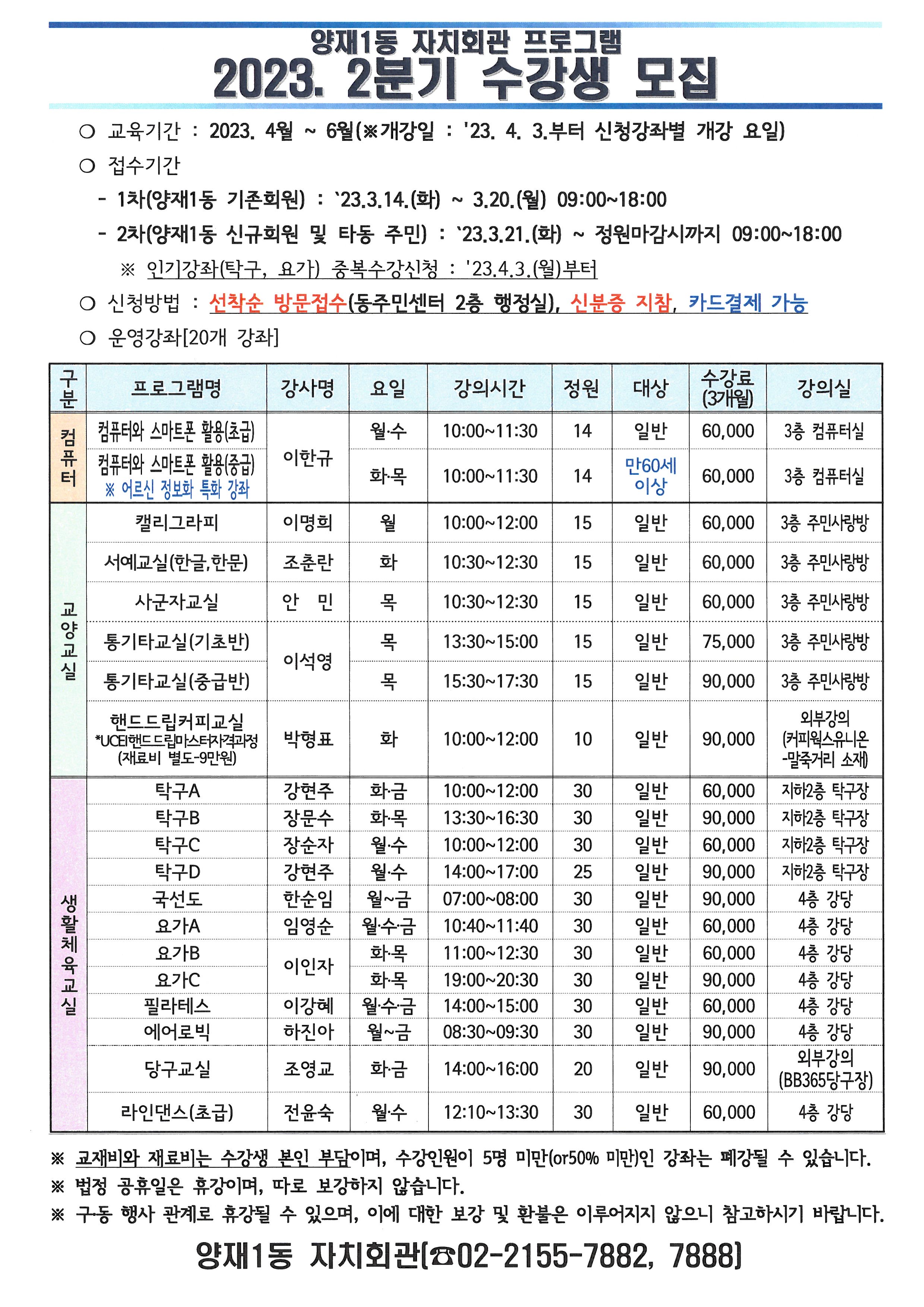 공지 : 2023.2분기 양재1동 자치회관 프로그램 접수 안내