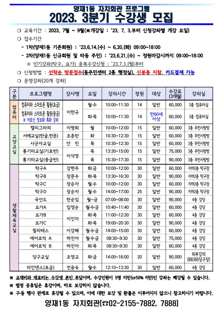 공지 : 2023.3분기 양재1동 자치회관 프로그램 안내-에어로빅추가