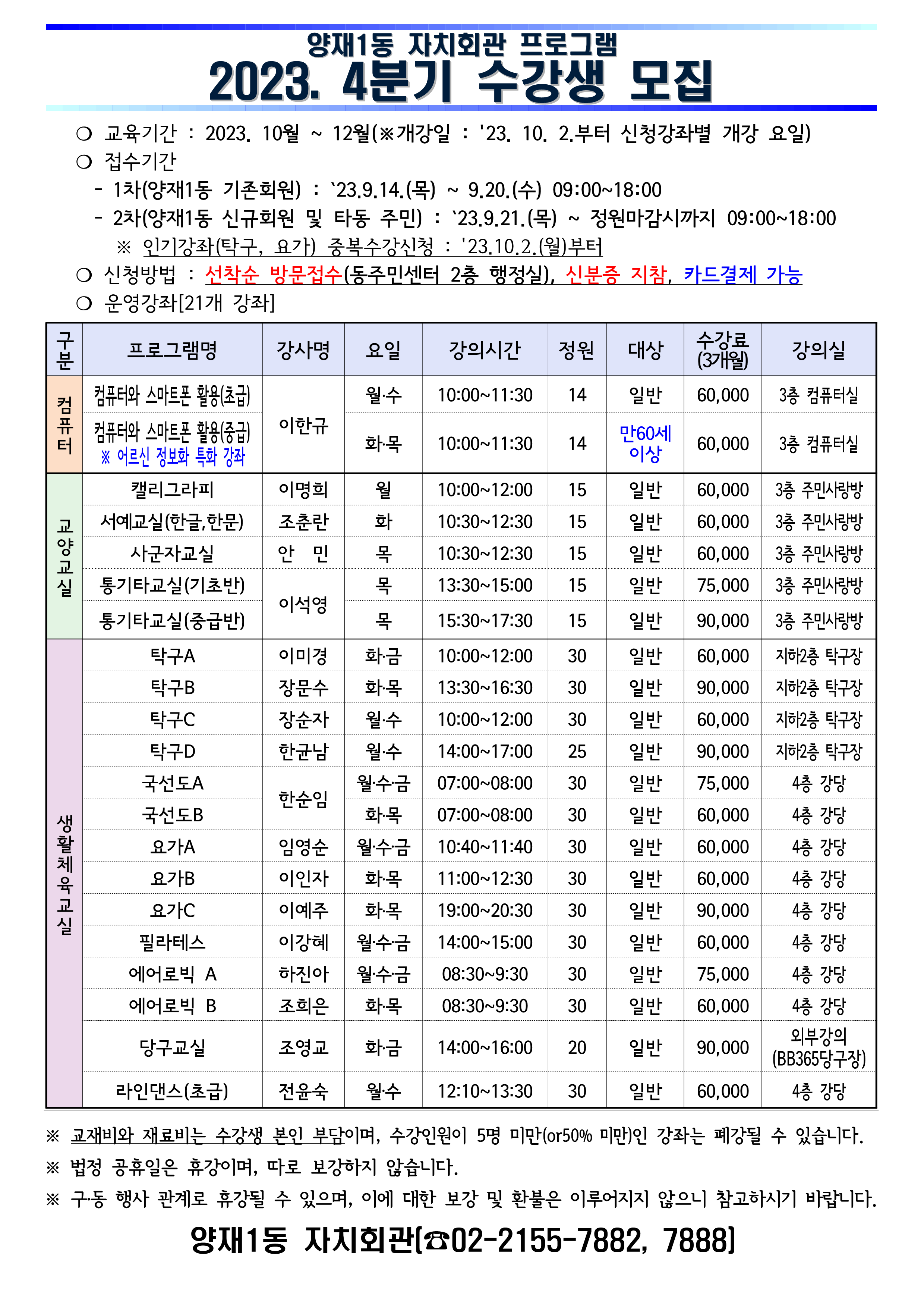 공지 : 2023.4분기 양재1동 자치회관 프로그램 안내