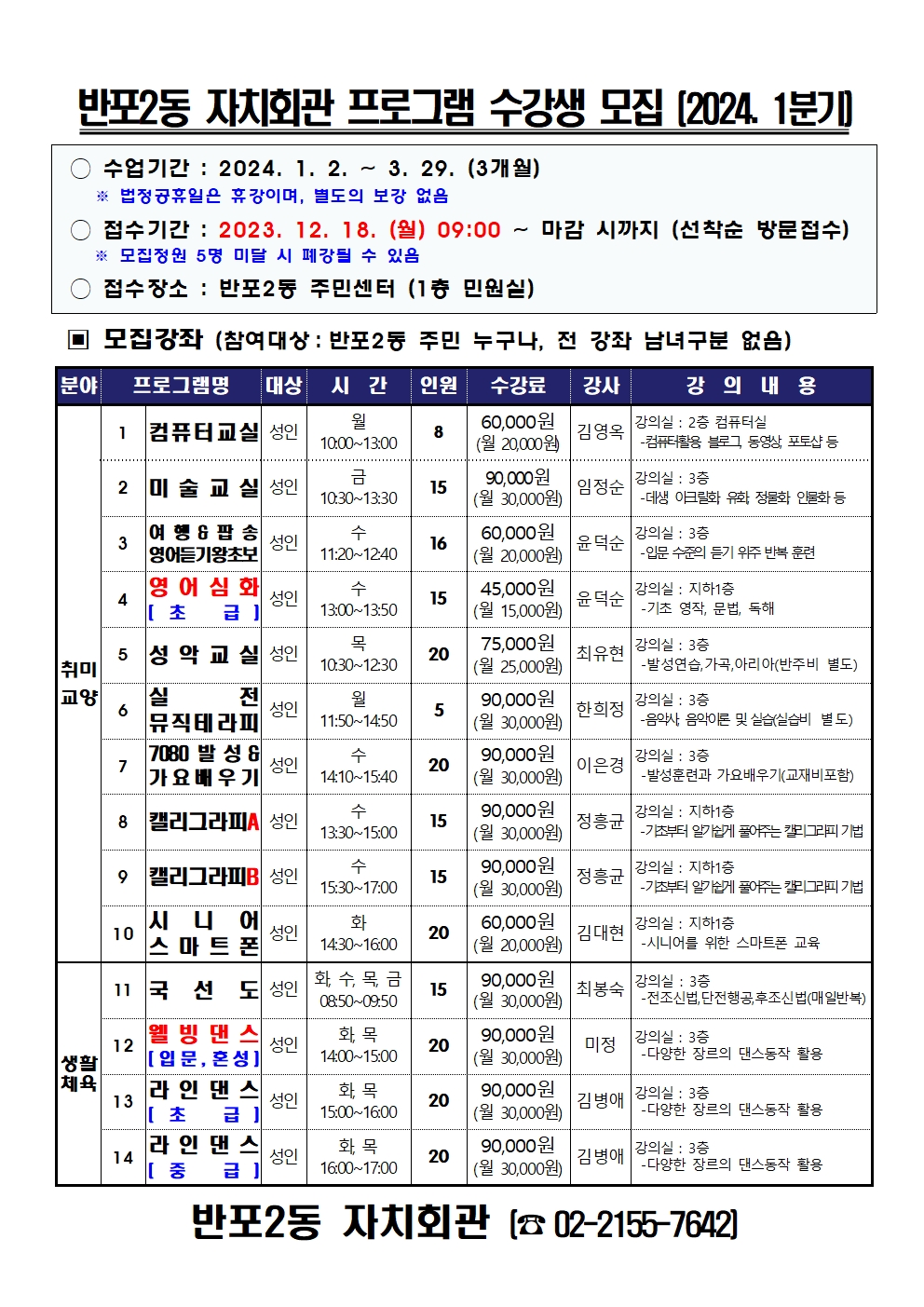 [반포2동 자치회관] 7080발성&가요배우기 (1분기)