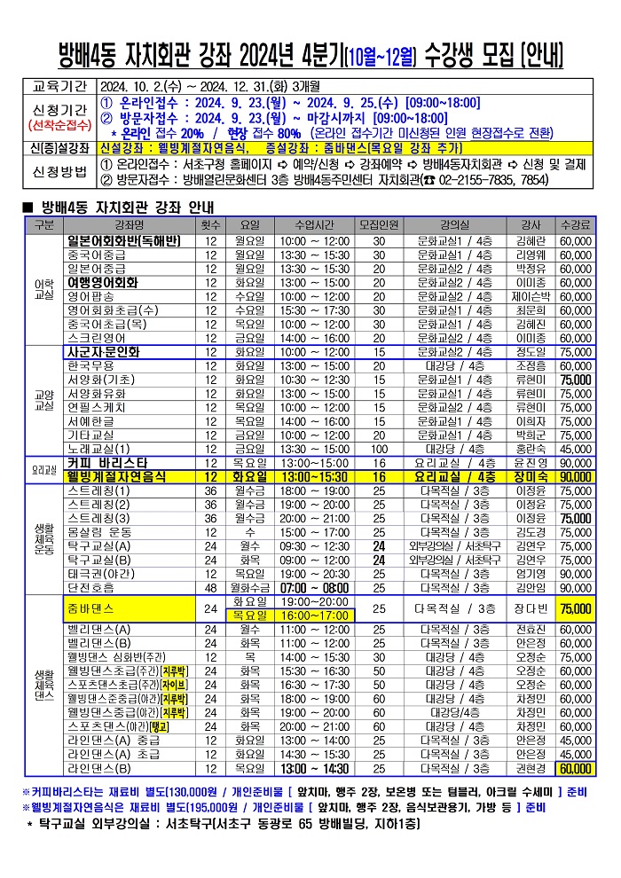 방배4동 자치회관 줌바댄스(화-저녁반) (2024년 4분기)