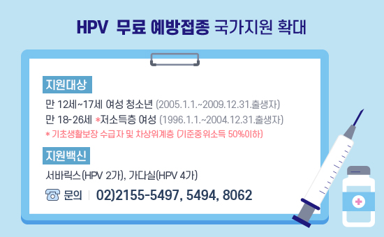 원대상 :  2005.1.1.~2009.12.31. 출생한(만12세~17세)여성 청소년
                1996.1.1.~2004.12.31. 출생한(만18세~26세)저소득층 여성**                
                 **기초생활보장수급자 및 차상위계층(기준중위소득50%이하)
 - 지원 백신 : 서바릭스(HPV 2가), 가다실(HPV4가)
 - 문의번호 : 건강관리과 02.2155.5497,5494,8062