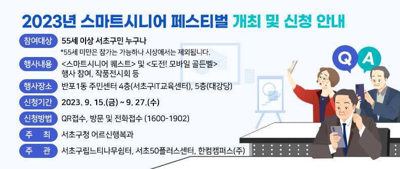 참여대상 : 55세 이상 서초구민 누구나
          *55세 미만은 참가는 가능하나 시상에서는 제외됩니다.
행사내용 : <스마트시니어 퀘스트> 및 <도전! 모바일 골든벨> 행사 참여, 작품전시회 등 
행사장소 : 반포1동 주민센터 4층(서초구IT교육센터), 5층(대강당)
신청기간 : 2023. 9. 15.(금) ~ 9. 27.(수)
신청방법 : QR접수, 방문 및 전화접수(1600-1902)
