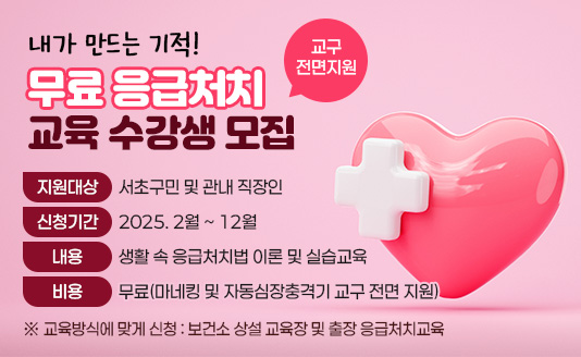     지원대상 : 서초구민 및 관내 직장인
    신청기간 : 2025. 2월 ~ 12월
    내용 : 생활 속 응급처치법 이론 및 실습교육
    비용 : 무료(마네킹 및 자동심장충격기 교구 전면 지원)
 ※ 교육방식에 맞게 신청 : 보건소 상설 교육장 및 출장 응급처치교육