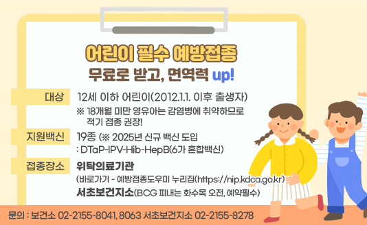 

○ 대상
 - 12세 이하 어린이(2012.1.1. 이후 출생자)
  ※ 18개월 미만 영유아는 감염병에 취약하므로 적기 접종 권장!
○ 지원백신 
 - 19종(※ 2025년 신규 백신 도입  : DTaP-IPV-Hib-HepB(6가 혼합백신)
○ 접종장소 : 위탁의료기관(바로가기 - 예방접종도우미 누리집(https://nip.kdca.go.kr)
              서초보건지소(BCG 피내는 화수목 오전, 예약필수) 
○ 문  의 : 보건소 02-2155-8041, 8063 서초보건지소 02-2155-8278


