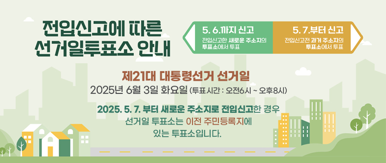 전입신고에 따른선거일투표소 안내

 

5.6.까지 신고  5.7.부터 신고

 

전입신고한 새로운 주소지의

투표소에서 투표

 

전입신고전 과거 주소지의

투표소에서 투표

 

제21대 대통령선거 선거일
2025년 6월 3일 화요일(투표시간:오전6시~오후8시) 

 

2025. 5. 7. 부터 새로운 주소지로 전입신고한 경우
선거일 투표소는 이전 주민등록지에 있는 투표소입니다.
