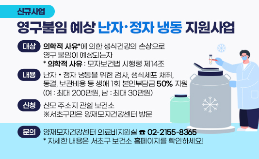  1. 대    상 : 의학적 사유*에 의한 생식건강의 손상으로 영구 불임이 예상되는자 * 의학적 사유 : 모자보건법 시행령 제14조
 2. 내    용 : 난자·정자 냉동을 위한 검사, 생식세포 채취, 동결, 보관비용 등 생애 1회 본인부담금 50% 지원(여 : 최대 200만원, 남 : 최대 30만원)
 3. 신청방법 : 산모 주소지 관할 보건소 ※서초구민은 양재모자건강센터 방문
 4. 문의전화 : 양재모자건강센터 의료비지원실 ☎ 02-2155-8365
 * 자세한 내용은 서초구 보건소 홈페이지를 확인하세요!