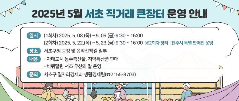 □ 2025년 5월 서초직거래큰장터 운영 안내
  - 일    시 : (1회차) 2025. 5. 08.(목) ~ 5. 09.(금) 9:30 ~ 16:00
              (2회차) 2025. 5. 22.(목) ~ 5. 23.(금) 9:30 ~ 16:00
               ※2회차 장터 : 진주시 특별 판매전 운영
  - 장    소 : 서초구청 광장 및 음악산책길 일부
  - 내    용 
    · 자매도시 농수축산물, 지역특산품 판매
    · 바퀴달린 서초 우산과 칼 운영
  - 문    의 : 서초구 일자리경제과 생활경제팀(☎2155-8703)



