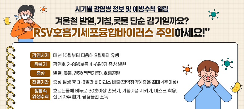 3. 겨울철 발열,기침,콧물 단순 감기일까요?
“RSV호흡기세포융합바이러스 주의하세요!”
  - 감염시기 : 매년 10월부터 다음해 3월까지 유행
  - 잠복기 :  감염후 2~8일(보통 4~6일)뒤 증상 발현
  - 증상 : 발열, 콧물, 천명(쌕쌕거림), 호흡곤란 
  - 전염기간 : 증상 발생 후 3~8일간 바이러스 배출(면역취약계층은 최대 4주이상)
  - 생활속 위생수칙 : 흐르는물에 비누로 30초이상 손씻기, 기침예절 지키기, 마스크 착용, 실내 자주 환기, 공용물건 소독        