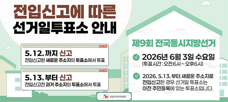 5.12.까지 신고
전입신고한 새로운 주소지의 투표소에서 투표

5.13.부터 신고
전입신고전 과거 주소지의 투표소에서 투표

제9회 전국동시지방선거
2026년 6월 3일 수요일
투표시간 오전 6시~ 오후6시

2026. 5. 13. 부터 새로운 주소지로 전입신고한 경우 선거일 투표소는 이전 주민등록에 있는 투표소입니다.

중앙선거관리위원회