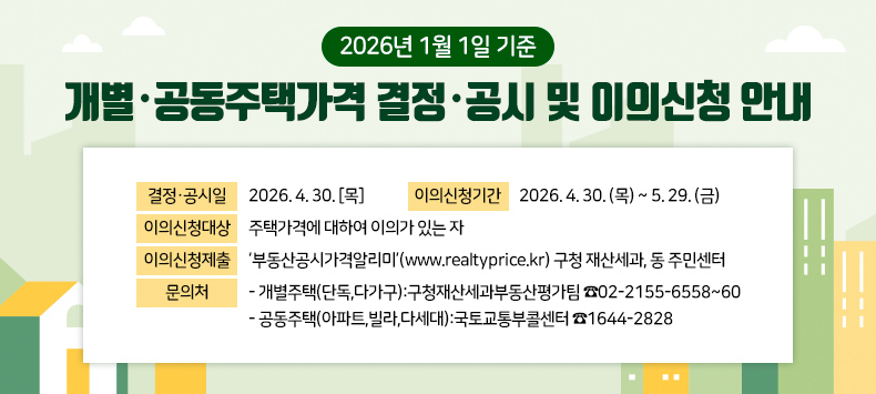 
- 2026년 1월 1일 기준 -
개별·공동주택가격 결정·공시 및 이의신청 안내

 ◇ 결정·공시일 : 2026. 4. 30. [목] 
 ◇ 이의신청기간 : 2026. 4. 30. (목) ~ 5. 29. (금)
 ◇ 이의신청대상 : 주택가격에 대하여 이의가 있는 자
 ◇ 이의신청제출 :‘부동산공시가격알리미’(www.realtyprice.kr)
                   구청 재산세과, 동 주민센터
 ◇ 문의처 
   - 개별주택(단독,다가구):구청재산세과부동산평가팀☎02-2155-6558~60
   - 공동주택(아파트,빌라,다세대):국토교통부콜센터☎1644-2828
