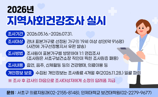 가. 조사기간 : 2026.05.16.~2026.07.31.
나. 조사대상 : 관내 표본가구로 선정된 가구의 19세 이상 성인(약 916명)
             (사전에 가구선정통지서 우편 발송)
다. 조사방법 : 조사원이 표본가구를 방문하여 1:1 면접조사
             (조사원은 서초구보건소장 직인이 찍힌 조사원증 패용)
라. 조사내용 : 흡연, 음주, 신체활동 등의 건강행태, 의료이용 등
마. 개인정보 보호 : 수집된 개인정보는 조사종료 4개월 후(2026.11.28.) 일괄 파기
※ 조사 후 감사의 마음으로 조사대상자에게 소정의 답례품 지급
※ 문의 : 서초구 의료지원과(02-2155-8148), 인제대학교 보건대학원(02-2279-9677)