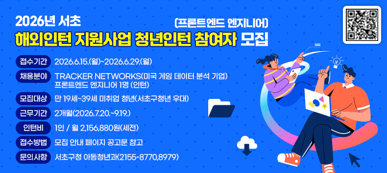 ○ 2026년 서초 해외인턴 지원사업 청년인턴 참여자 모집 (프론트엔드 엔지니어)
 - 접수기간 : 2026.6.15.(월)~2026.6.29.(월) 
 - 채용분야 : TRACKER NETWORKS(미국 게임 데이터 분석 기업) 프론트엔드 엔지니어 1명 (인턴)
 - 모집대상 : 만 19세~39세 미취업 청년(서초구청년 우대)
 - 근무기간 : 2개월(2026.7.20.~9.19.)
 - 인 턴 비 : 1인 / 월 2,156,880원(세전)
 - 접수방법 : 모집 안내 페이지 공고문 참고
 - 문의사항 : 서초구청 아동청년과(2155-8770,8979)