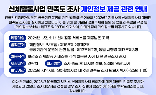 한국건강증진개발원은 ‘공공기관 운영에 관한 법률’에 근거하여 ｢2026년 지역사회 신체활동사업 대국민 만족도 조사｣를 실시하고 있습니다. 이를 위해 본 기관은 정보주체의 동의 및 법률의 특별한 규정 등 ｢개인정보보호법｣ 제17조 및 18조에 의거하여, 아래와 같이 개인정보를 제공하고 있습니다.

- 제공대상: 2026년 보건소 내 신체활동 서비스를 제공받은 고객
- 법적근거: ｢개인정보보보호법｣ 제18조제2항제2호, ｢공공기관의 운영에 관한 법률｣ 제13조제2항, 동법 시행령 제17조제3항
- 이용목적: 보건소 신체활동 서비스를 직접 이용한 자에 대한 설문조사 실시
- 제공내역: 연락처
- 보유기간: 2026년 지역사회 신체활동사업 대국민 만족도 조사 완료시까지(~‘26년 11월)
- 파기방법: 조사 종료 후 디지털 정보, 인쇄물 일괄 파기

  이와 관련하여, 2026년 10월까지 보건소 신체활동사업 참여자에 대한 대국민 만족도 조사가 시행되고 있으니, 조사대상자로 선정될 경우 조사 진행에 협조하여 주시길 부탁드리겠습니다. 감사합니다.