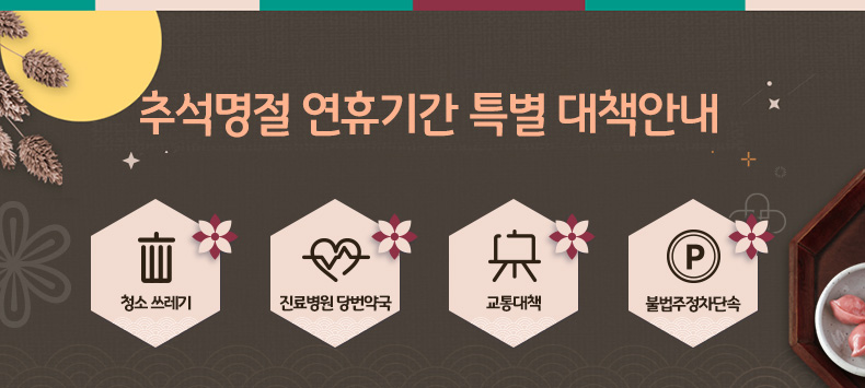 추석명절 연휴기간 특별 대책안내

청소 쓰레기
진료병원 방번약국
교통대책
불법주정차단