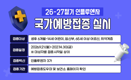  26-27절기 인플루엔자 국가예방접종 실시

▶접종대상 : 생후 6개월~14세 어린이, 임신부, 65세 이상 어르신, 취약계층
▶접종일정 : 2026.9.21.(월)~2027.4.30.(금) ※ 대상자별 접종시작일 상이
▶접종백신 : 인플루엔자 3가
▶접종기관 : 예방접종도우미 및 보건소 홈페이지 확인