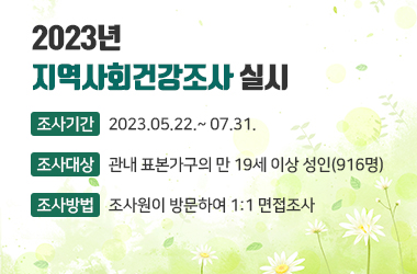  2023년 지역사회건강조사 실시

 조사기간 : 2023.05.22.~ 07.31.
 조사대상 : 관내 표본가구의 만 19세 이상 성인(916명)
 조사방법 : 조사원이 방문하여 1:1 면접조사

 

