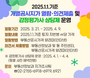 2025.1.1.기준 개별공시지가 열람·의견제출 및 감정평가사 상담제 운영

  ○ 열람기간 : 2025. 3. 21. ~ 2025. 4. 9.
  ○ 열람내용 : 2025.1.1.기준 토지 지번별 ㎡당 가격
  ○ 열람방법 : 부동산공시가격 알리미(인터넷)
  ○ 의견서 제출방법 : 부동산정보과 및 동 주민센터, 부동산공시가격 알리미(인터넷)
  ※ 감정평가사 상담제 운영 : 2025. 4. 1. ~ 4. 4.(동별 사전 예약진행)
  ○ 문   의 : 부동산정보과 지가조사팀(☎02-2155-6918~6919, 6921)