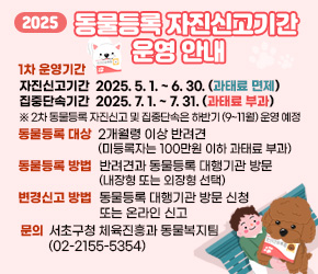 
< 2025 동물등록 자진신고기간 운영 안내 >
 ○ 1차 운영기간 : 자진신고기간 2025. 5. 1. ~ 6. 30.  (과태료 면제)
                  집중단속기간 2025. 7. 1. ~ 7. 31.  (과태료 부과)
   ※ 2차 동물등록 자진신고 및 집중단속은 하반기 (9~11월) 운영 예정
 ○ 동물등록 대상 : 2개월령 이상 반려견 (미등록자는 100만원 이하 과태료 부과)
 ○ 동물등록 방법 : 반려견과 동물등록 대행기관 방문(내장형 또는 외장형 선택)
 ○ 변경신고 방법 : 동물등록 대행기관 방문 신청 또는 온라인 신고
 ○ 문의처 : 서초구청 체육진흥과 동물복지팀 (☎02-2155-5354)
