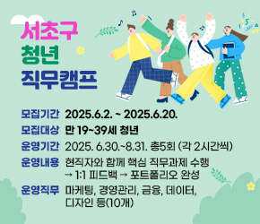 ○ 서초구 청년 직무캠프

 - 모집기간 : 2025.6.2. ~ 2025.6.20.  
 - 모집대상 : 만 19~39세 청년
 - 운영기간 : 2025. 6.30.~8.31. 총5회 (각 2시간씩)
 - 운영내용 : 현직자와 함께 핵심 직무과제 수행 → 1:1 피드백
                 →포트폴리오 완성
 - 운영직무: 마케팅, 경영관리, 금융, 데이터, 디자인 등(10개)
