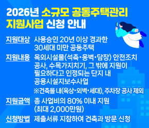 •지원대상 : 사용승인 20년 이상 경과한 30세대 미만 공동주택
•지원내용 : 옥외시설물(석축·옹벽·담장) 안전조치 공사, 수목가지치기, 
            그 밖에 지원이 필요하다고 인정되는 단지 내 공용시설지보수사업 
              ※건축물 내(옥상·외벽·세대), 주차장 공사 제외
•지원금액 : 총 사업비의 80% 이내 지원(최대 2,000만원)
•신청방법 : 제출서류 지참하여 건축과 방문 신청