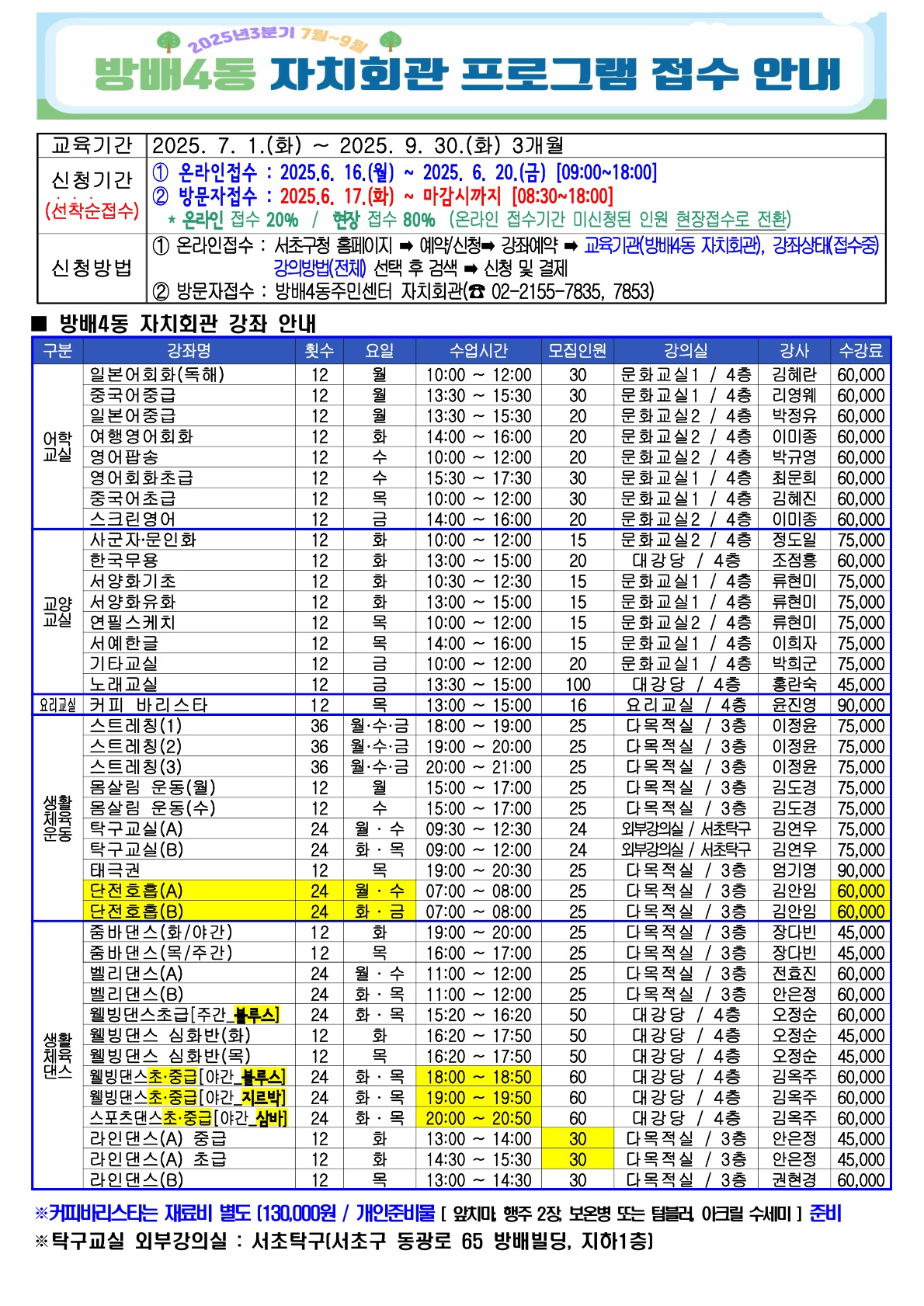 ★★방배4동 자치회관 강좌 2025년 3분기 프로그램접수안내_1
