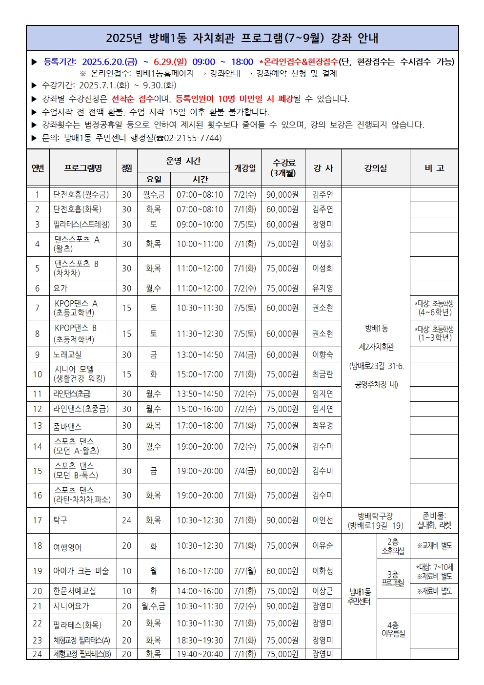 (최종)2025년 방배1동 자치회관 프로그램(7~9월) 강좌안내001