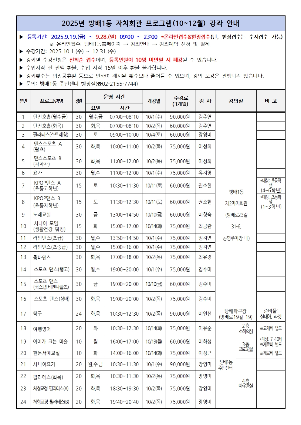 2025년 방배1동 자치회관 프로그램(10~12월) 강좌안내001001