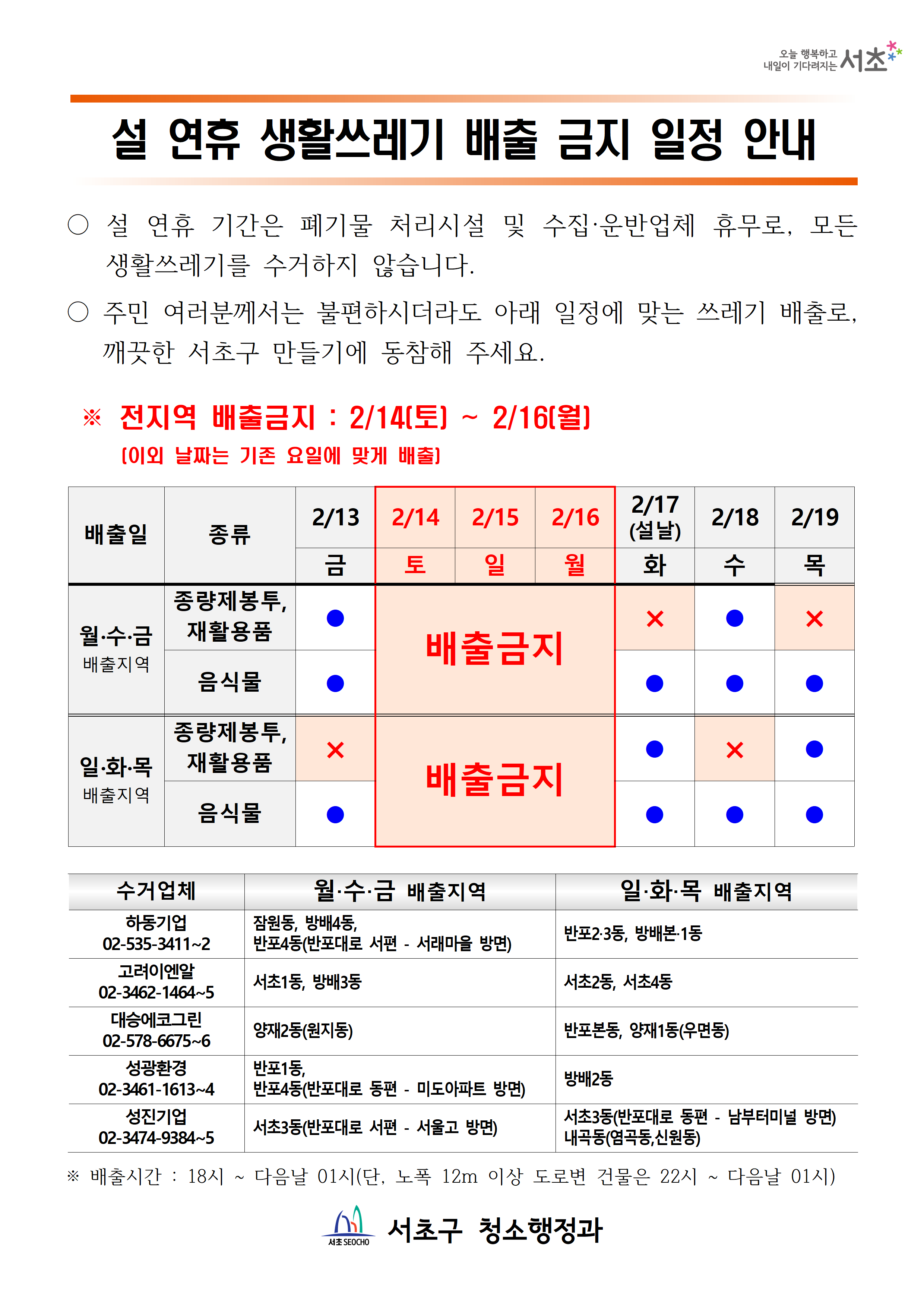2026 설 연휴 생활쓰레기 배출 금지 일정 안내