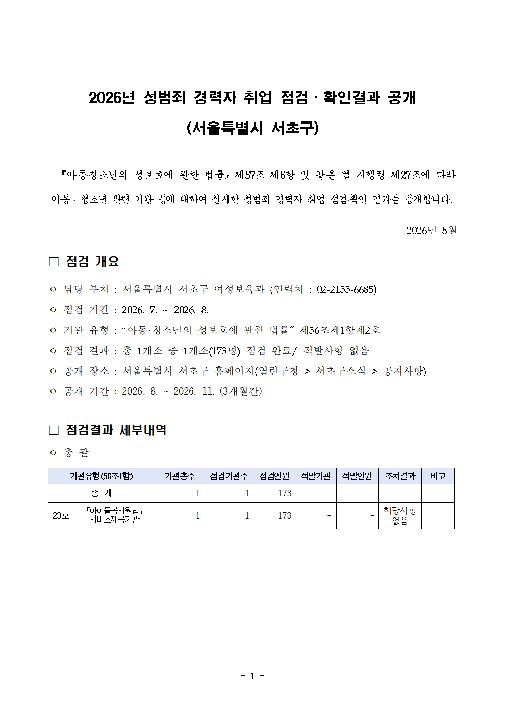 성범죄 경력자 취업 점검.확인 결과 공개표(서초구)001