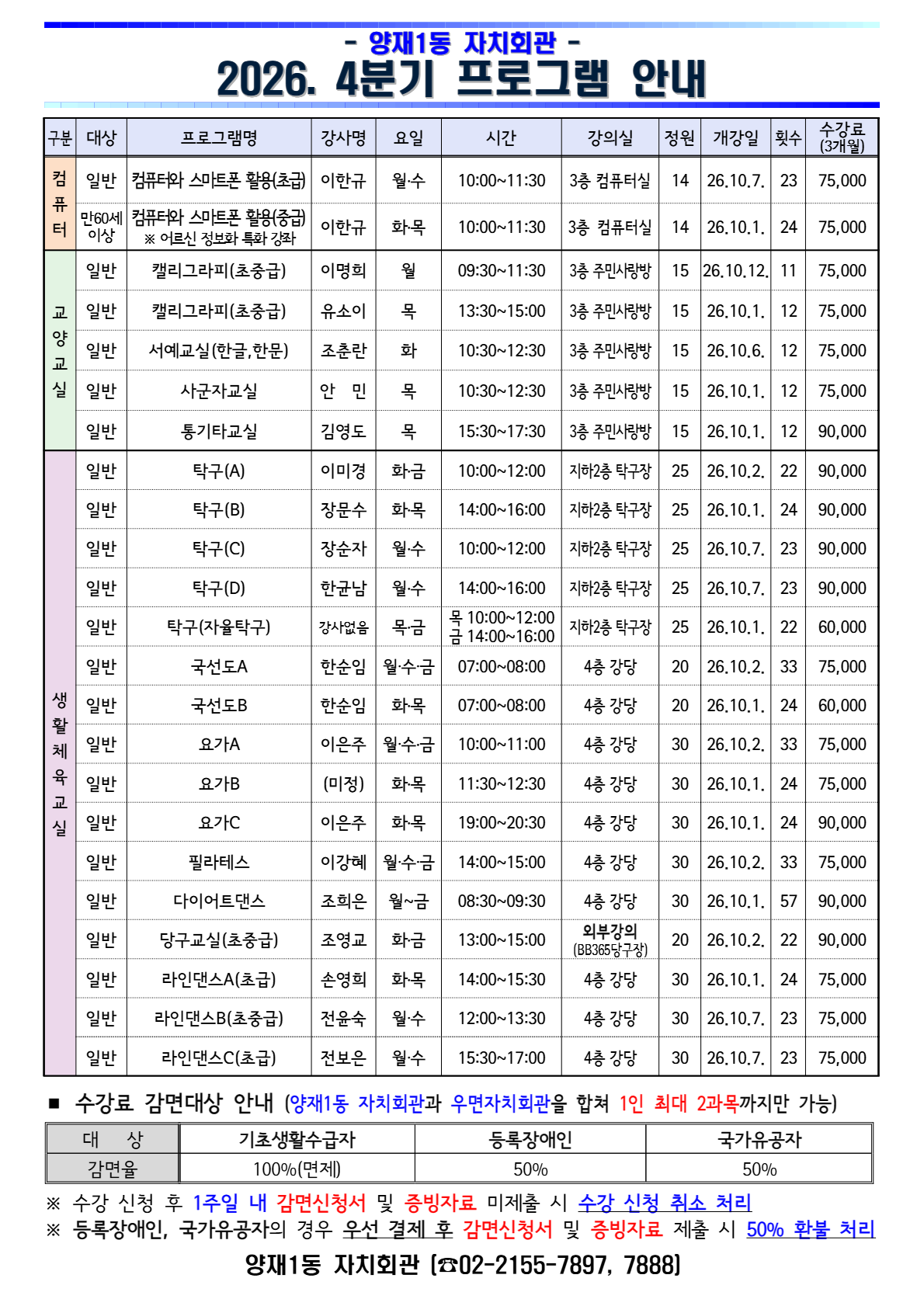 양재1동 자치회관 2026. 4분기 프로그램 안내 - 이미지 상세내용은 아래의 글을 확인해주세요.